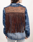 ADJKT020 Genuine leather Hand tooled hand carved Women 100% cotton Denim jacket  dress ladies girl