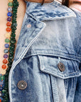 ADJKT022 Genuine leather Hand tooled hand carved Women 100% cotton Denim jacket  dress ladies girl