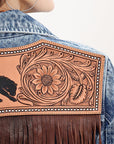 ADJKT022 Genuine leather Hand tooled hand carved Women 100% cotton Denim jacket  dress ladies girl