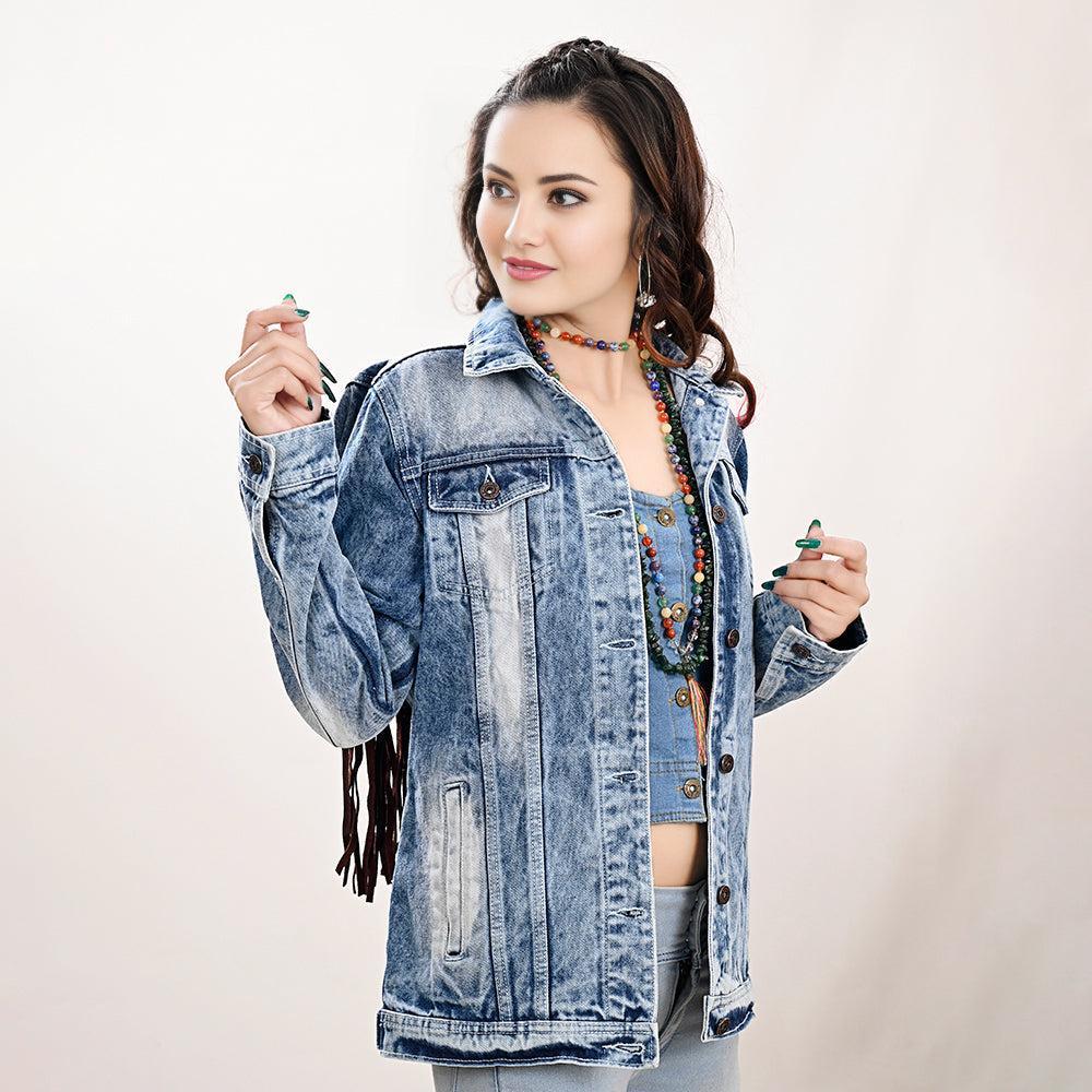ADJKT022 Genuine leather Hand tooled hand carved Women 100% cotton Denim jacket  dress ladies girl