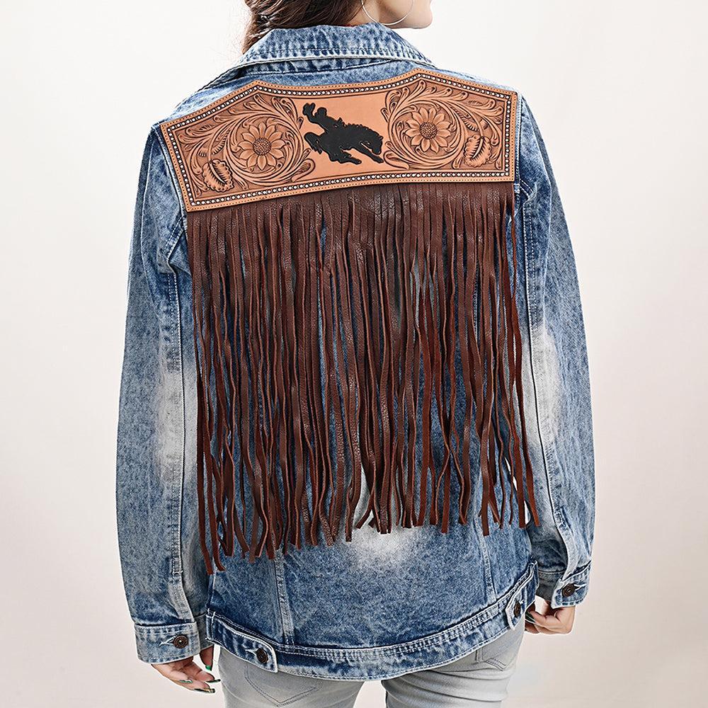 ADJKT022 Genuine leather Hand tooled hand carved Women 100% cotton Denim jacket  dress ladies girl