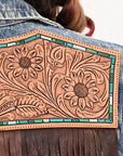 ADJKT023 Genuine leather Hand tooled hand carved Women 100% cotton Denim jacket  dress ladies girl