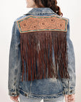 ADJKT023 Genuine leather Hand tooled hand carved Women 100% cotton Denim jacket  dress ladies girl