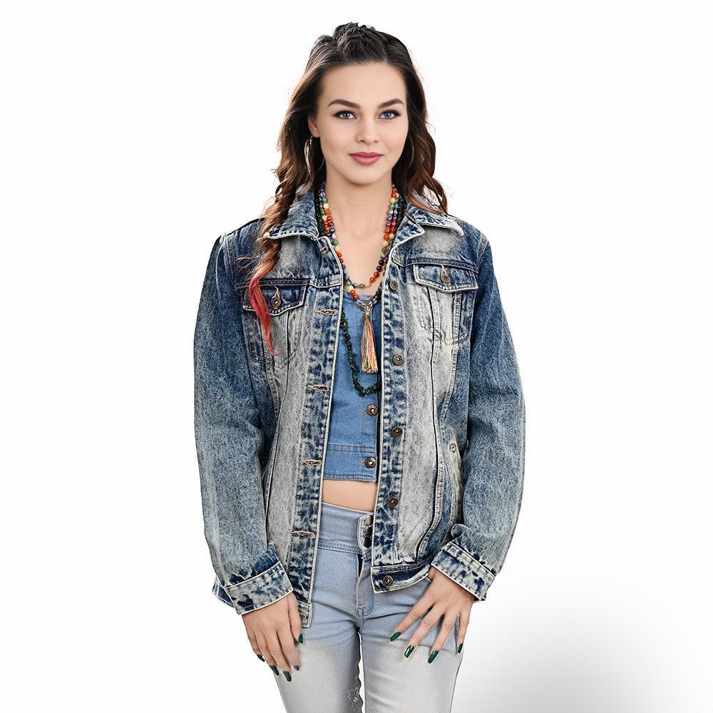 ADJKT027 Genuine leather Hand tooled hand carved Women 100% cotton Denim jacket  dress ladies girl