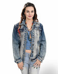 ADJKT027 Genuine leather Hand tooled hand carved Women 100% cotton Denim jacket  dress ladies girl