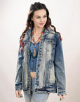 ADJKT027 Genuine leather Hand tooled hand carved Women 100% cotton Denim jacket  dress ladies girl