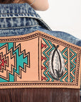 ADJKT027 Genuine leather Hand tooled hand carved Women 100% cotton Denim jacket  dress ladies girl