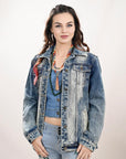 ADJKT027 Genuine leather Hand tooled hand carved Women 100% cotton Denim jacket  dress ladies girl