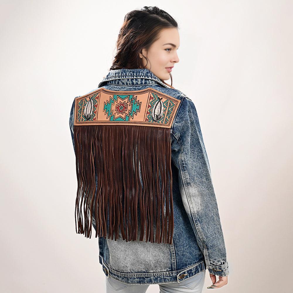 ADJKT027 Genuine leather Hand tooled hand carved Women 100% cotton Denim jacket  dress ladies girl