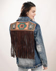 ADJKT027 Genuine leather Hand tooled hand carved Women 100% cotton Denim jacket  dress ladies girl