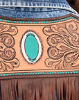 ADJKT026 Genuine leather Hand tooled hand carved Women 100% cotton Denim jacket  dress ladies girl