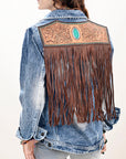 ADJKT026 Genuine leather Hand tooled hand carved Women 100% cotton Denim jacket  dress ladies girl