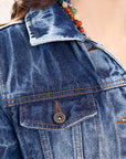 ADJKT028 Genuine leather Hand tooled hand carved Women 100% cotton Denim jacket  dress ladies girl