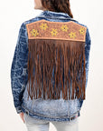 ADJKT028 Genuine leather Hand tooled hand carved Women 100% cotton Denim jacket  dress ladies girl