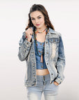 ADJKT031 Genuine leather Hand tooled hand carved Women 100% cotton Denim jacket  dress ladies girl