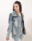 ADJKT031 Genuine leather Hand tooled hand carved Women 100% cotton Denim jacket  dress ladies girl