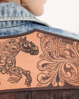 ADJKT031 Genuine leather Hand tooled hand carved Women 100% cotton Denim jacket  dress ladies girl