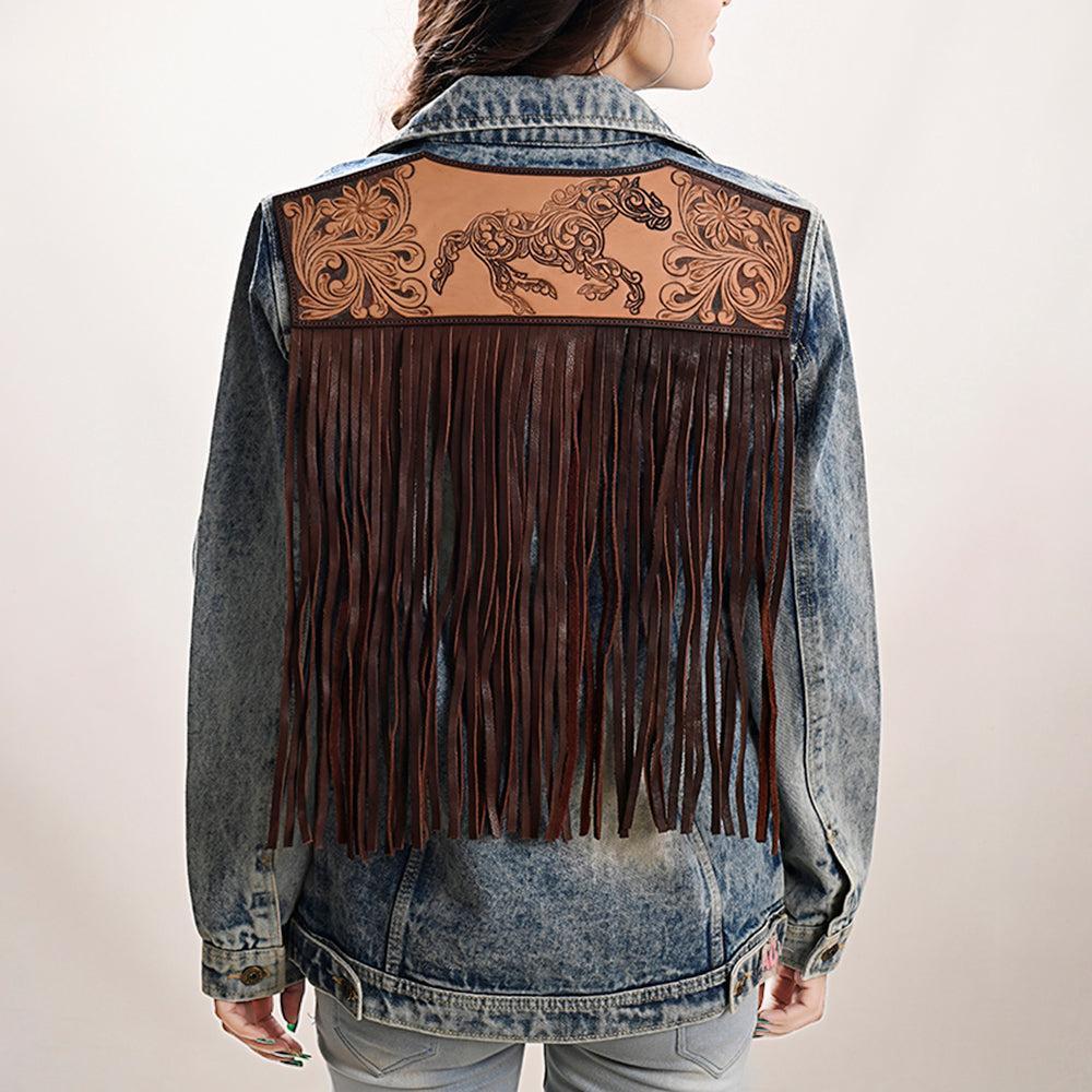 ADJKT031 Genuine leather Hand tooled hand carved Women 100% cotton Denim jacket  dress ladies girl