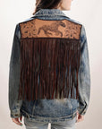 ADJKT031 Genuine leather Hand tooled hand carved Women 100% cotton Denim jacket  dress ladies girl