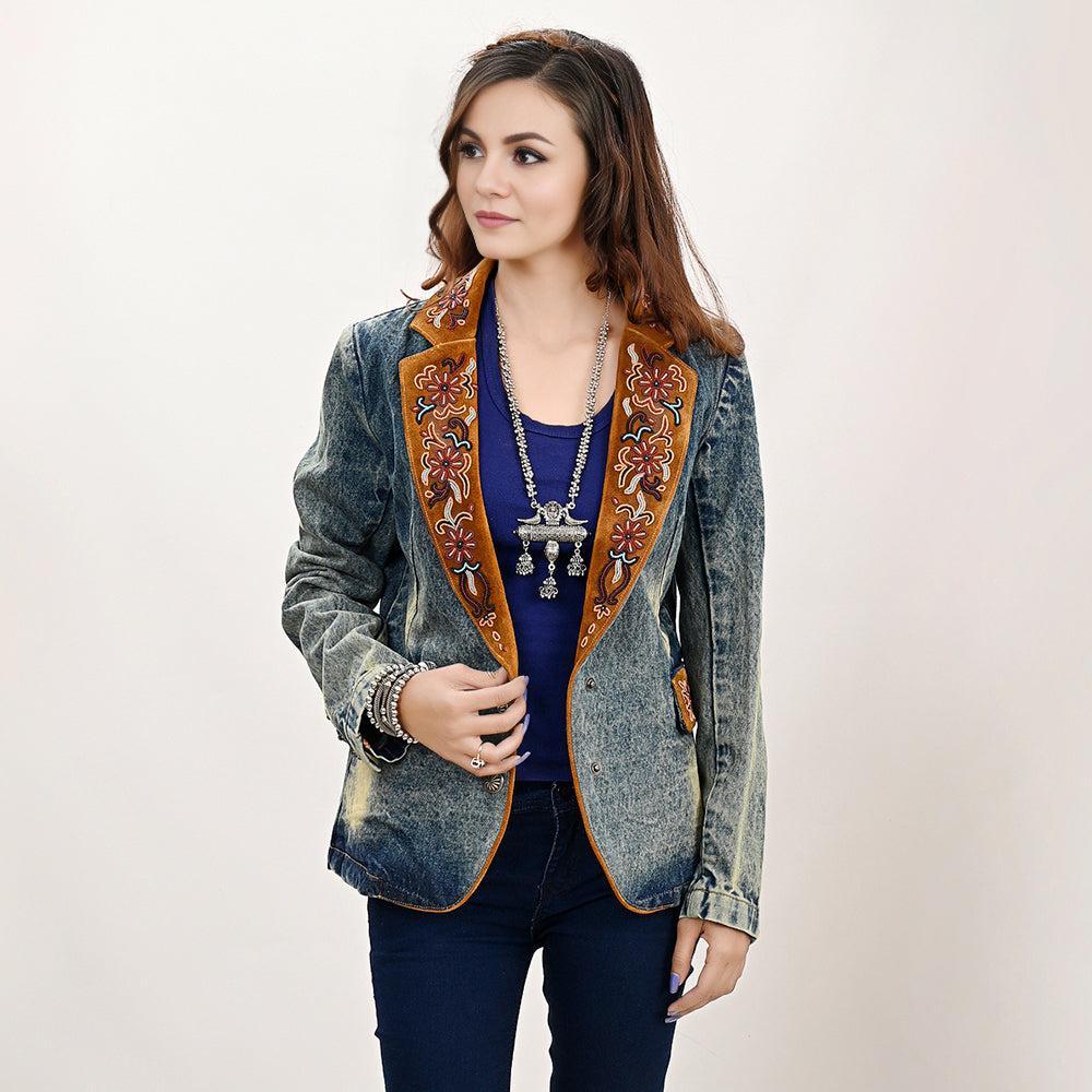 ADBZ029 Genuine leather Hand tooled hand carved Women 100% cotton Denim Blazer dress jacket ladies Girl