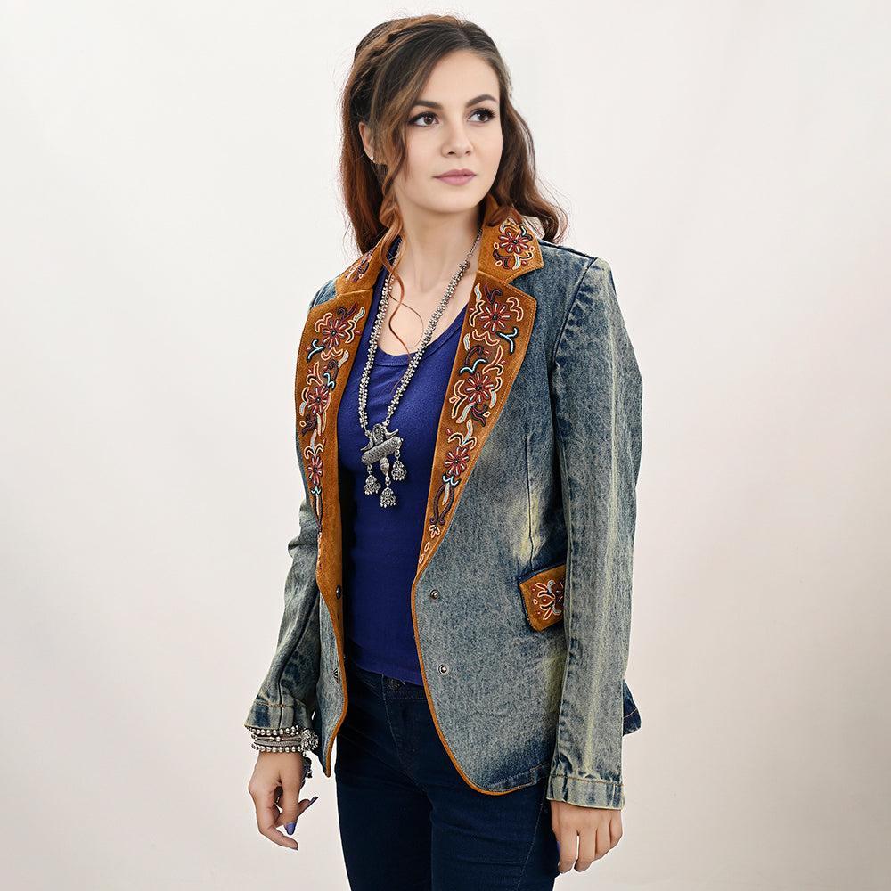 ADBZ029 Genuine leather Hand tooled hand carved Women 100% cotton Denim Blazer dress jacket ladies Girl