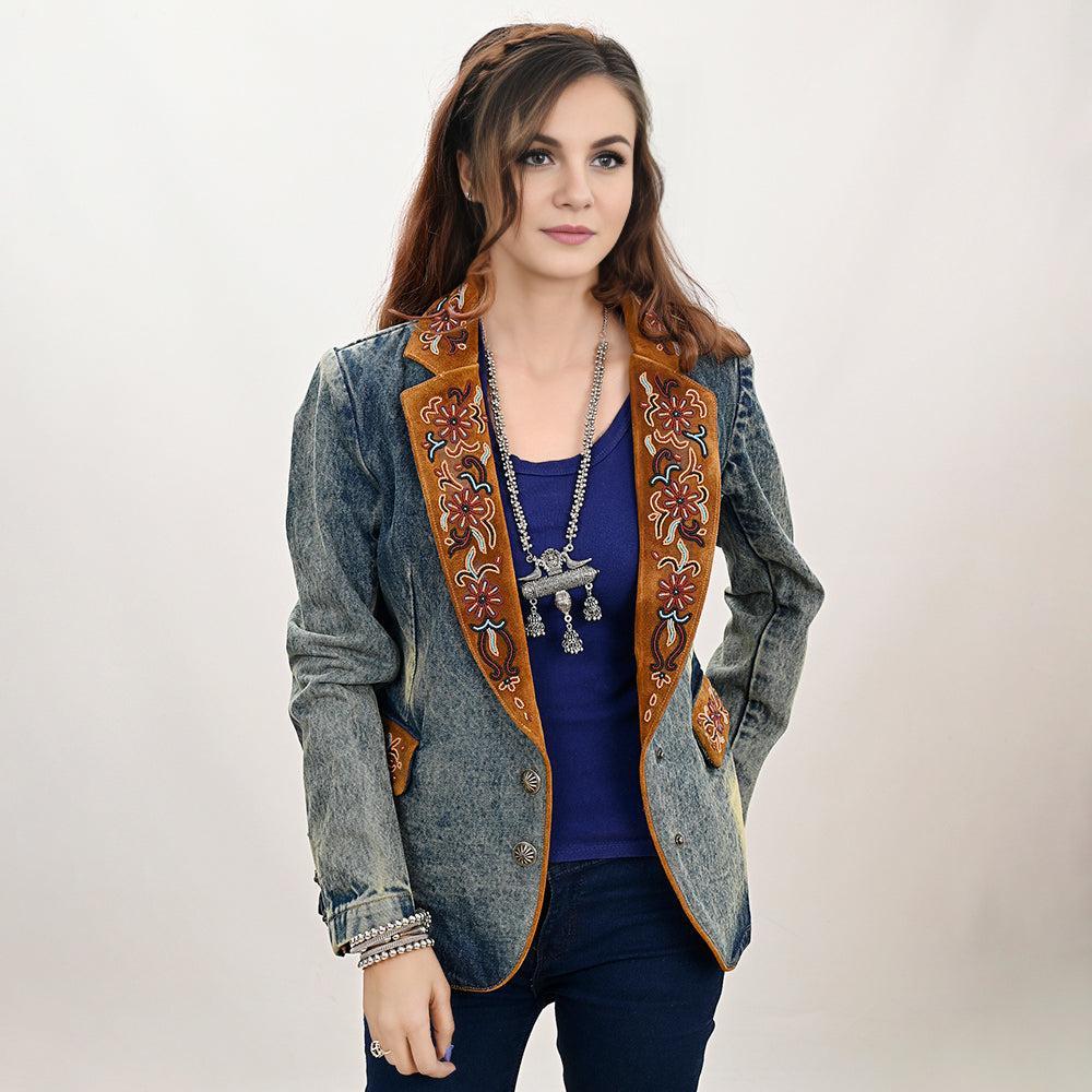 ADBZ029 Genuine leather Hand tooled hand carved Women 100% cotton Denim Blazer dress jacket ladies Girl
