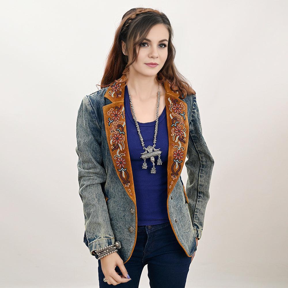 ADBZ029 Genuine leather Hand tooled hand carved Women 100% cotton Denim Blazer dress jacket ladies Girl