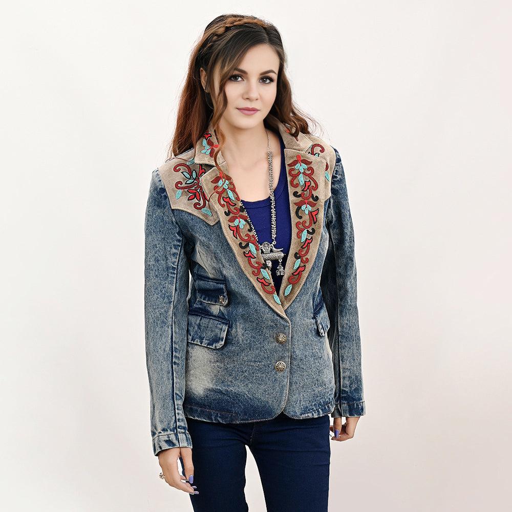 ADBZ031 Genuine leather Hand tooled hand carved Women 100% cotton Denim Blazer dress jacket ladies Girl