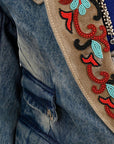 ADBZ031 Genuine leather Hand tooled hand carved Women 100% cotton Denim Blazer dress jacket ladies Girl