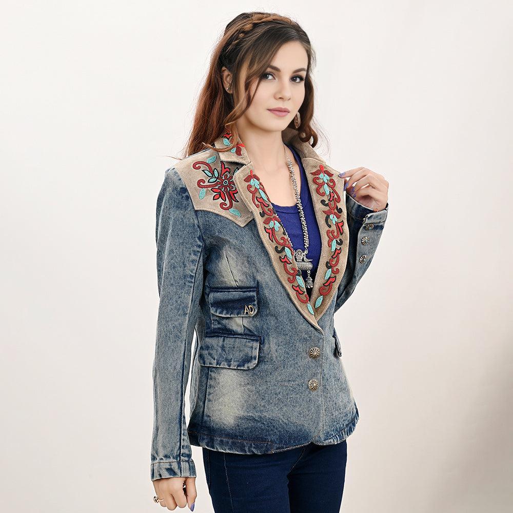ADBZ031 Genuine leather Hand tooled hand carved Women 100% cotton Denim Blazer dress jacket ladies Girl