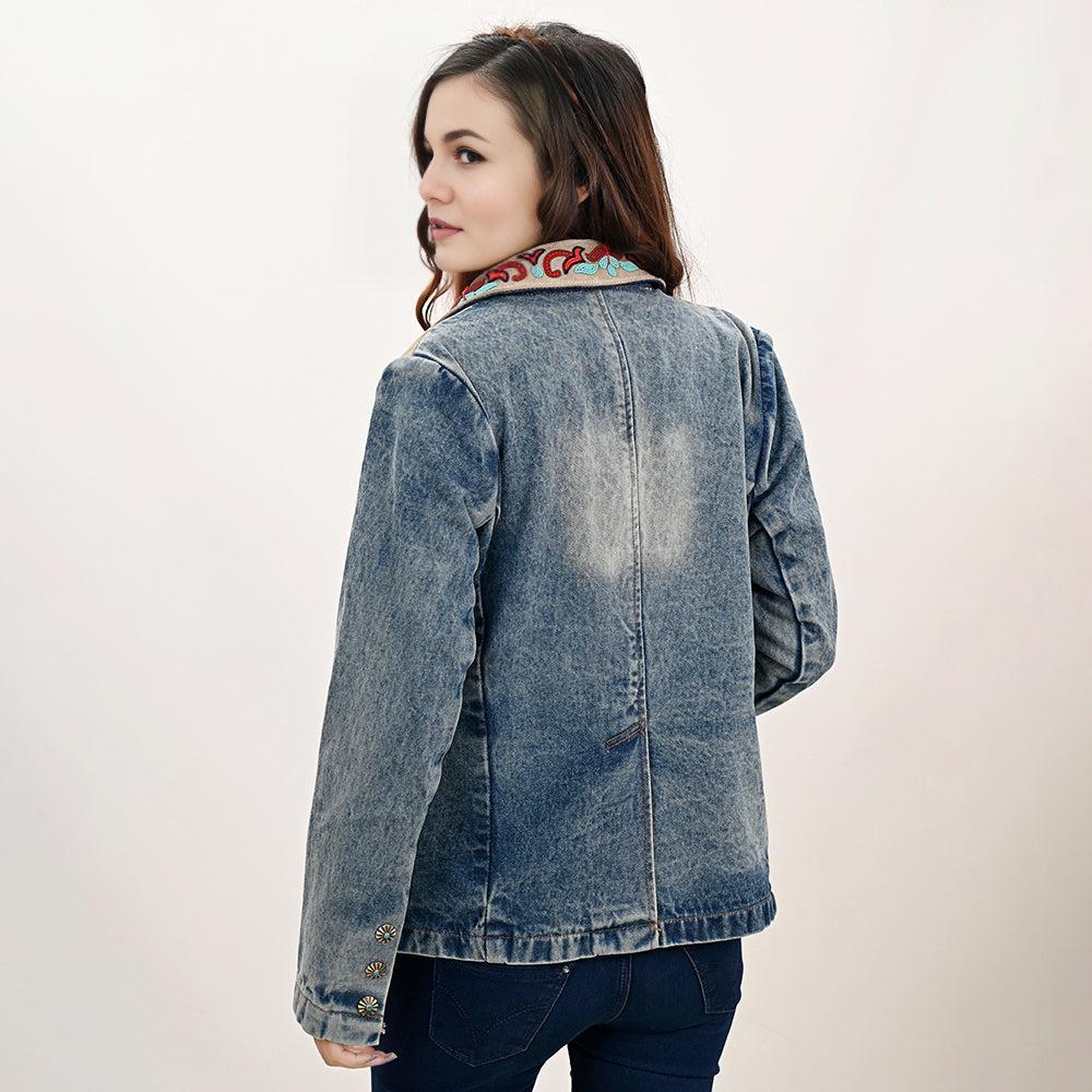 ADBZ031 Genuine leather Hand tooled hand carved Women 100% cotton Denim Blazer dress jacket ladies Girl