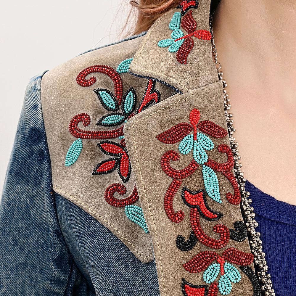 ADBZ031 Genuine leather Hand tooled hand carved Women 100% cotton Denim Blazer dress jacket ladies Girl