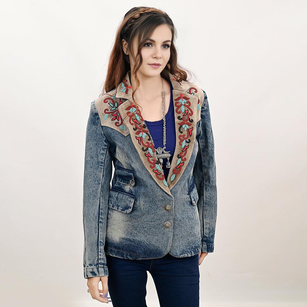 ADBZ031 Genuine leather Hand tooled hand carved Women 100% cotton Denim Blazer dress jacket ladies Girl
