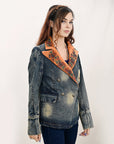 American Darling ADBZ032-L Genuine leather Hand tooled hand carved Women 100% cotton Denim Blazer dress jacket ladies Girl