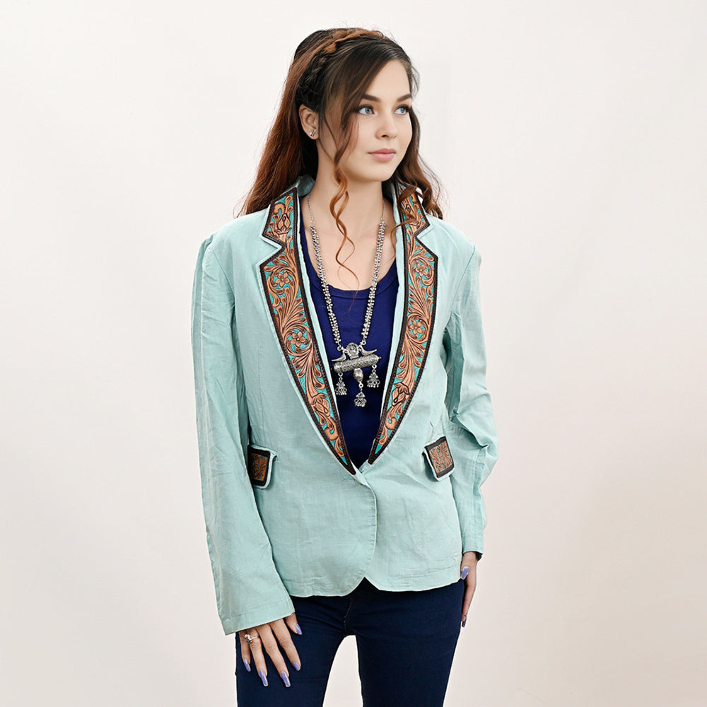 ADBZ034 Genuine leather Hand tooled hand carved Women Blazer dress jacket ladies Girl