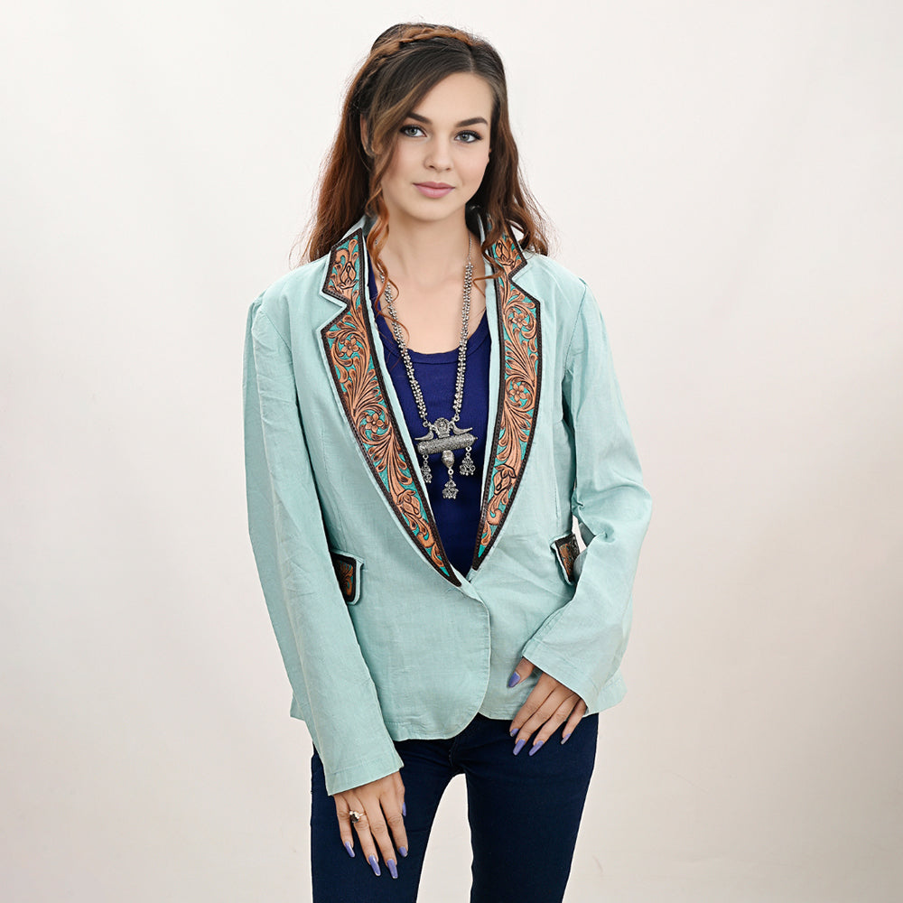 ADBZ034 Genuine leather Hand tooled hand carved Women Blazer dress jacket ladies Girl