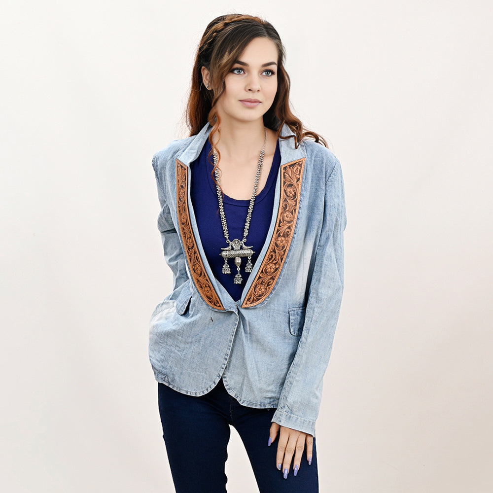ADBZ039 Genuine leather Hand tooled hand carved Women 100% cotton Denim Blazer dress jacket ladies Girl