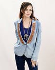 ADBZ039 Genuine leather Hand tooled hand carved Women 100% cotton Denim Blazer dress jacket ladies Girl
