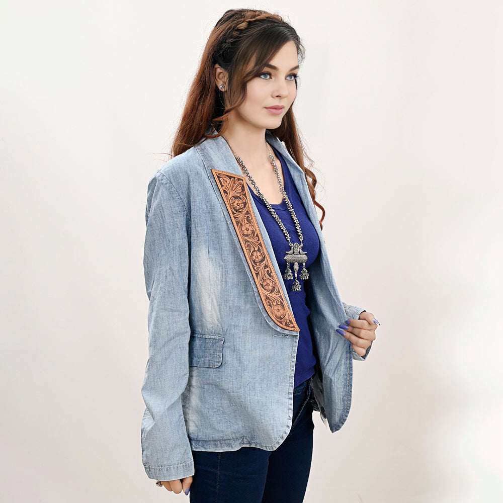 ADBZ039 Genuine leather Hand tooled hand carved Women 100% cotton Denim Blazer dress jacket ladies Girl