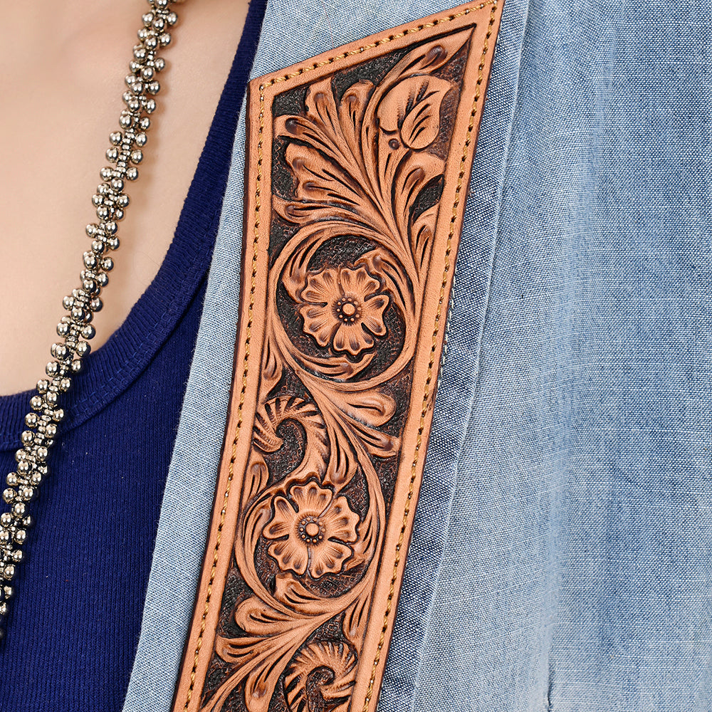 ADBZ039 Genuine leather Hand tooled hand carved Women 100% cotton Denim Blazer dress jacket ladies Girl