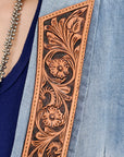 ADBZ039 Genuine leather Hand tooled hand carved Women 100% cotton Denim Blazer dress jacket ladies Girl