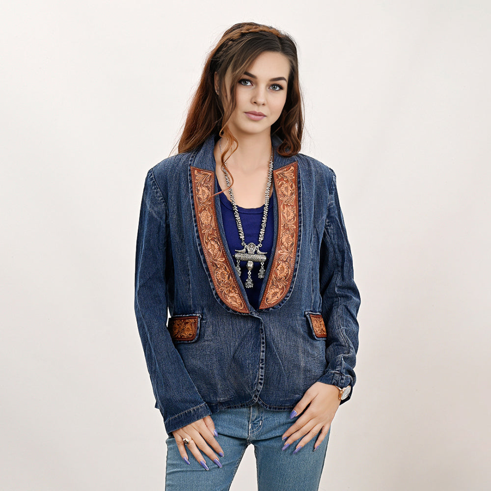ADBZ040 Genuine leather Hand tooled hand carved Women 100% cotton Denim Blazer dress jacket ladies Girl