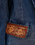 ADBZ040 Genuine leather Hand tooled hand carved Women 100% cotton Denim Blazer dress jacket ladies Girl