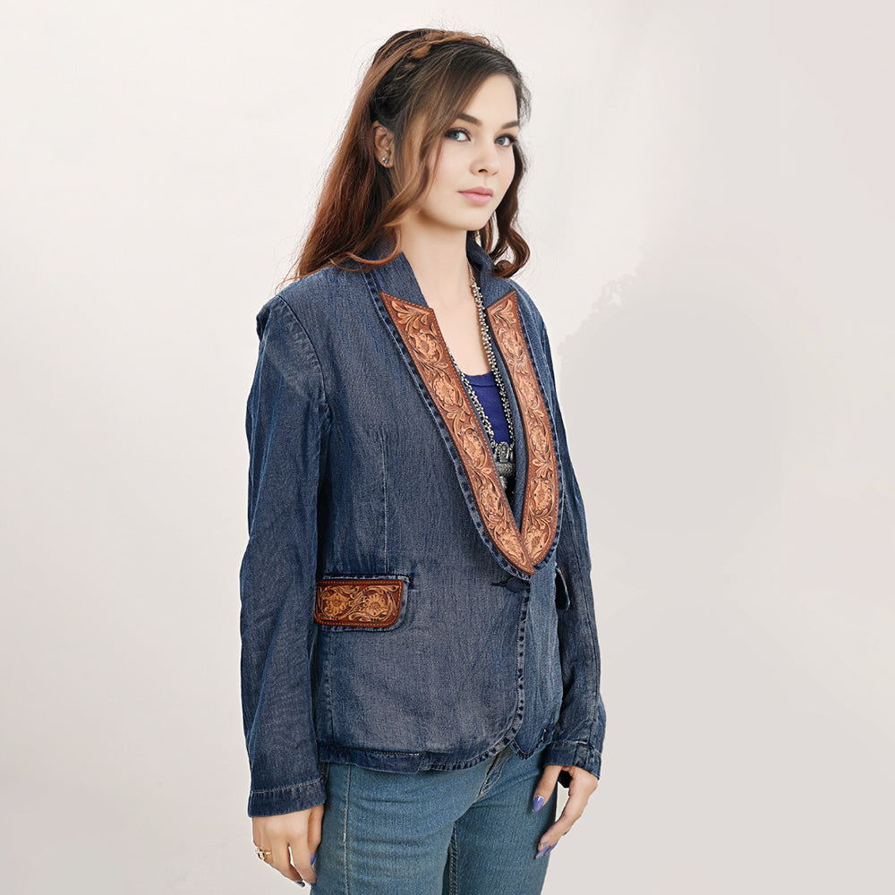 ADBZ040 Genuine leather Hand tooled hand carved Women 100% cotton Denim Blazer dress jacket ladies Girl