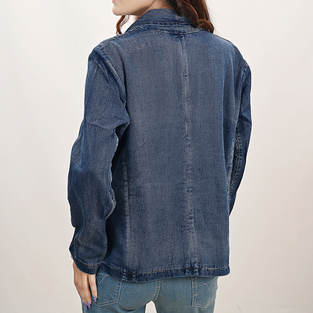 ADBZ040 Genuine leather Hand tooled hand carved Women 100% cotton Denim Blazer dress jacket ladies Girl