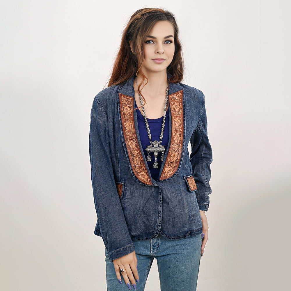 ADBZ040 Genuine leather Hand tooled hand carved Women 100% cotton Denim Blazer dress jacket ladies Girl