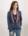 ADBZ040 Genuine leather Hand tooled hand carved Women 100% cotton Denim Blazer dress jacket ladies Girl