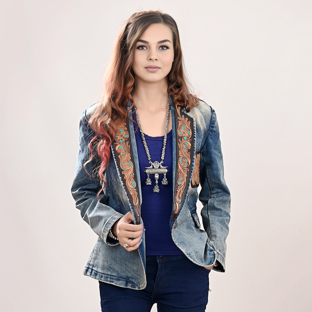 ADBZ041 Genuine leather Hand tooled hand carved Women 100% cotton Denim Blazer dress jacket ladies Girl