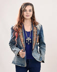 ADBZ041 Genuine leather Hand tooled hand carved Women 100% cotton Denim Blazer dress jacket ladies Girl