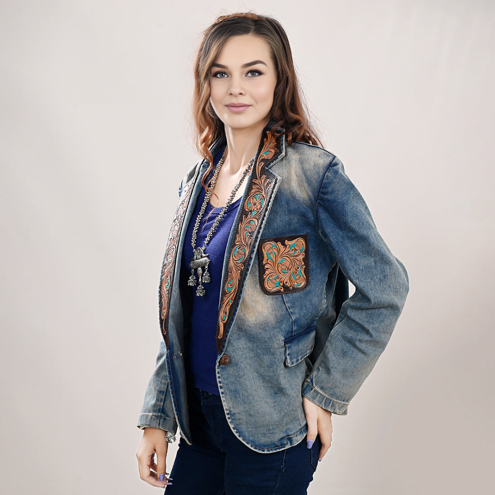 ADBZ041 Genuine leather Hand tooled hand carved Women 100% cotton Denim Blazer dress jacket ladies Girl